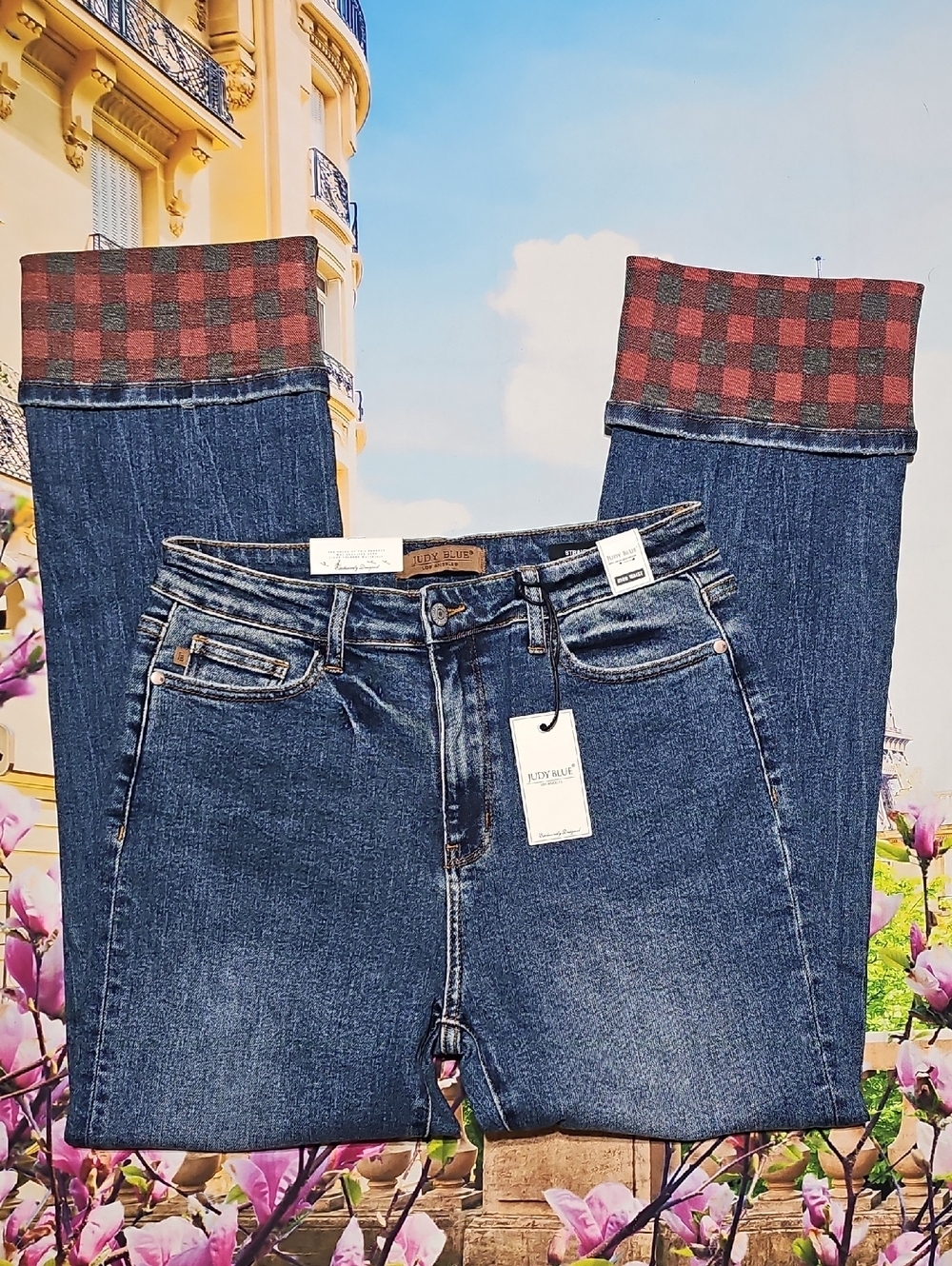 Judy Blue High Waisted Straight Plaid‎ Cuffed Jeans Size 11/30 New